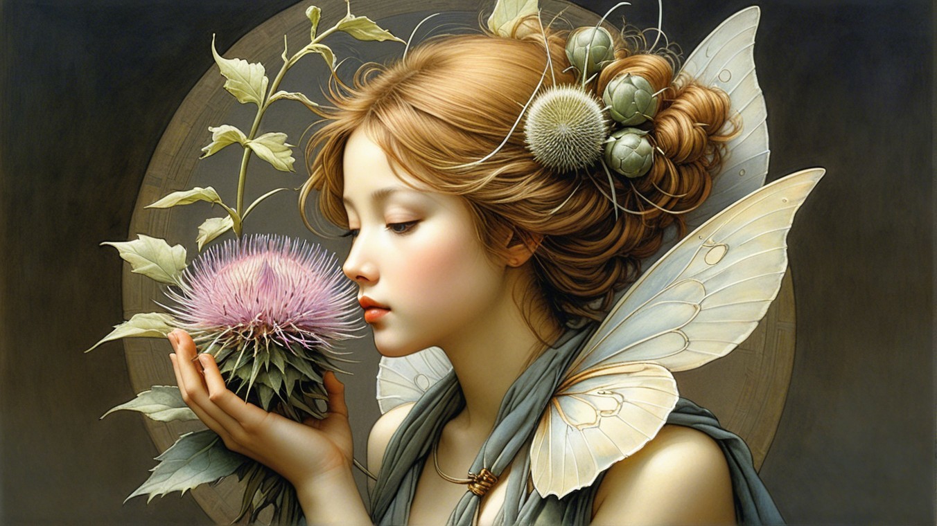 Serene Woman with Flowers and Butterfly Wings