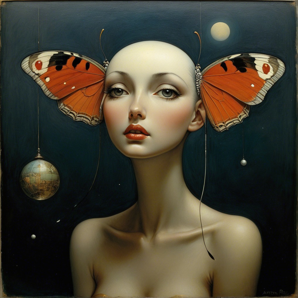 Portrait of a woman with butterflies and moonlight backdrop
