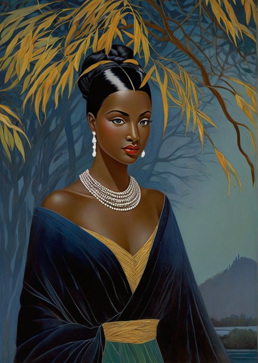 Portrait of a Woman in Elegant Dress with Pearl Jewelry