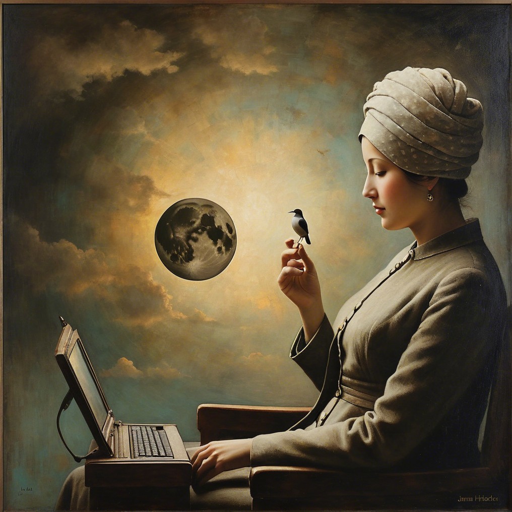 Serene Woman with Laptop and Bird Under Moonlight