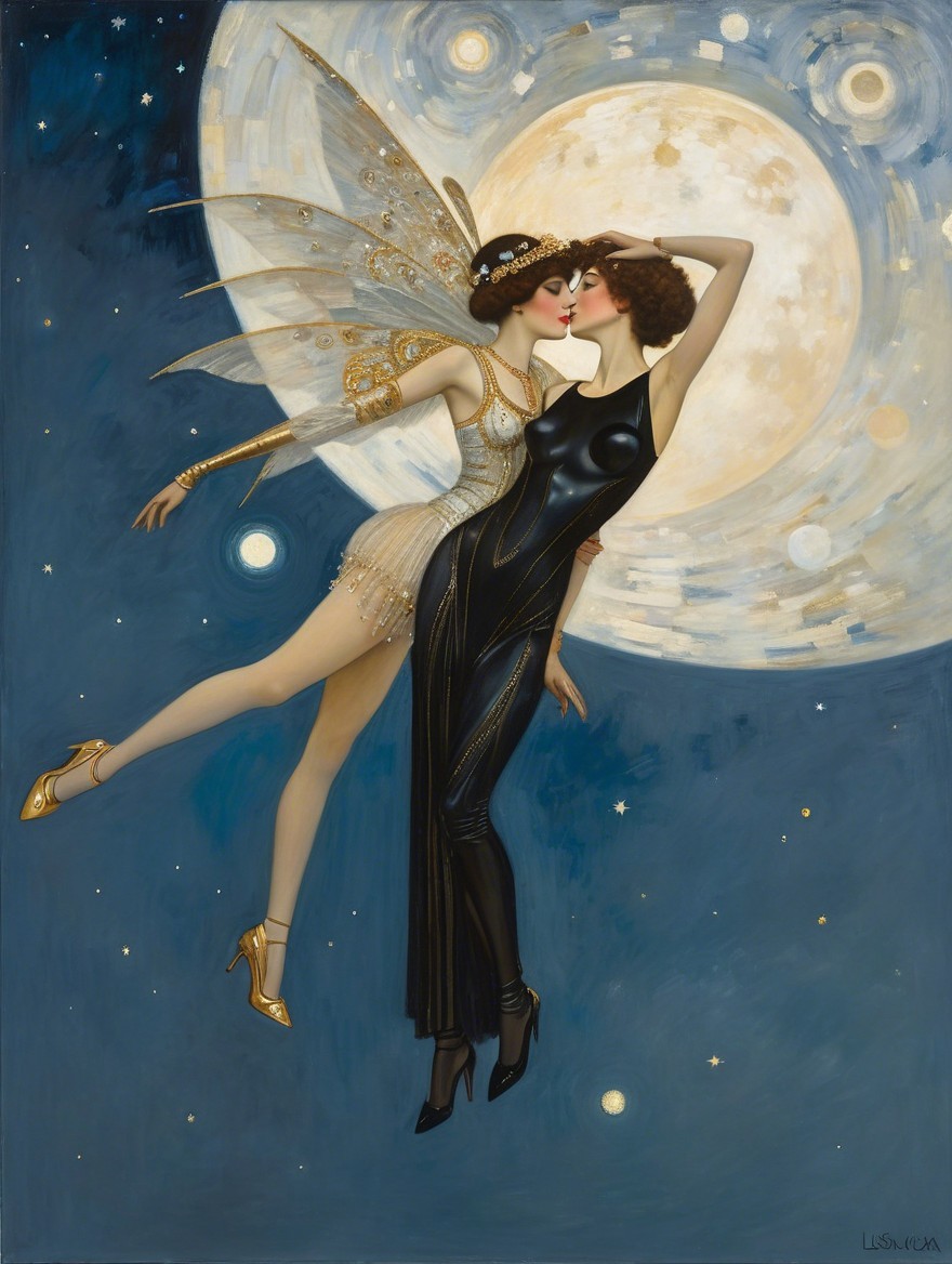 Elegant Women with Fairy Wings Embraced Under Moonlight