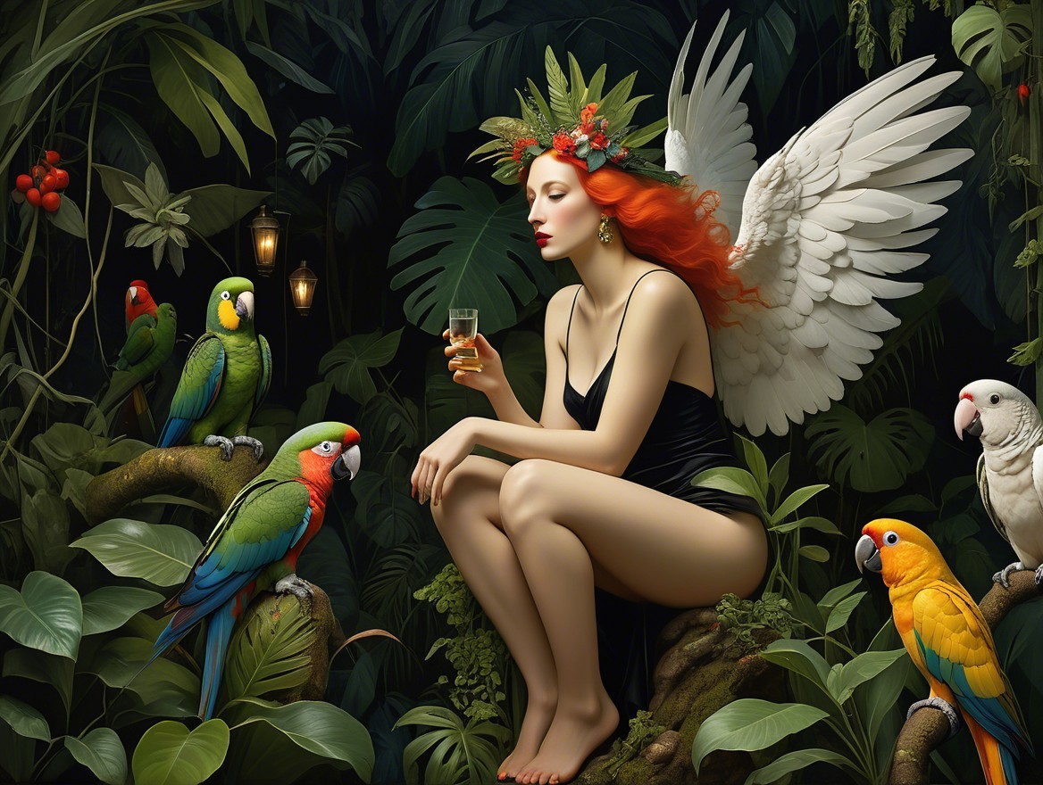 Woman with Red Hair and Wings in Jungle Setting