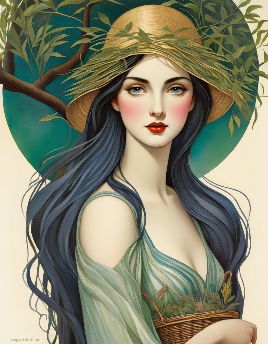 Serene Woman in Nature with Woven Basket and Hat