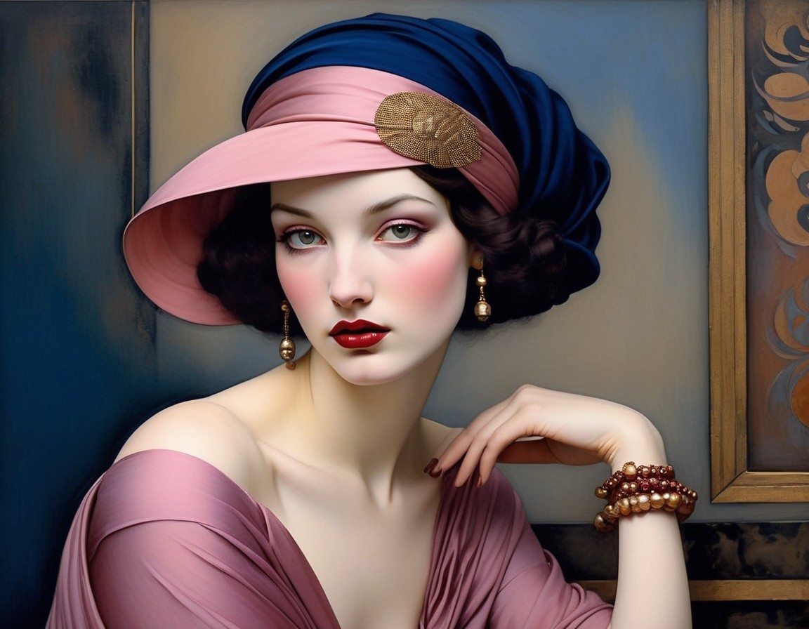 Portrait of a woman in a pink hat and mauve dress