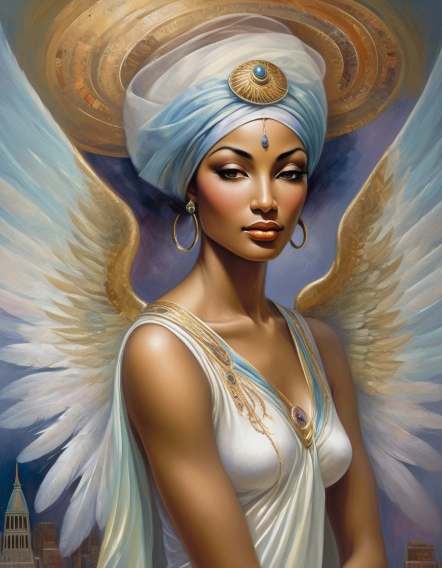 Illustration of a Woman with Angel Wings and Gem