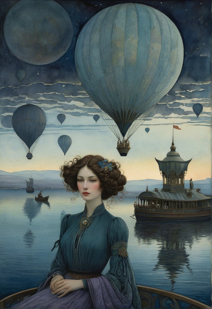 Twilight Scene with Woman and Hot Air Balloons