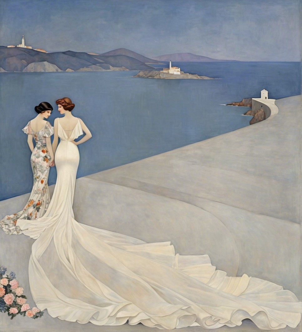 Elegant Women on Cliff Overlooking Coastal Landscape