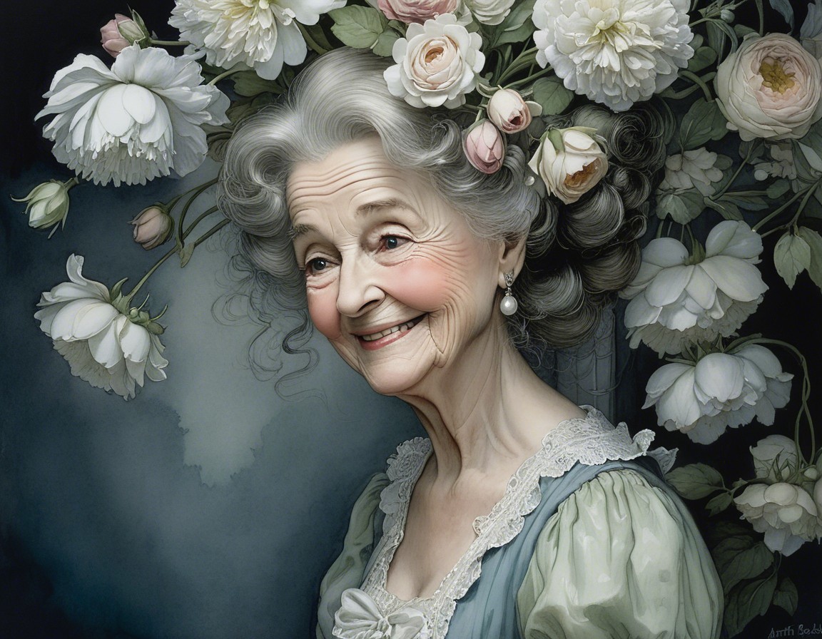 Elderly Woman with Flower Crown and Vintage Dress