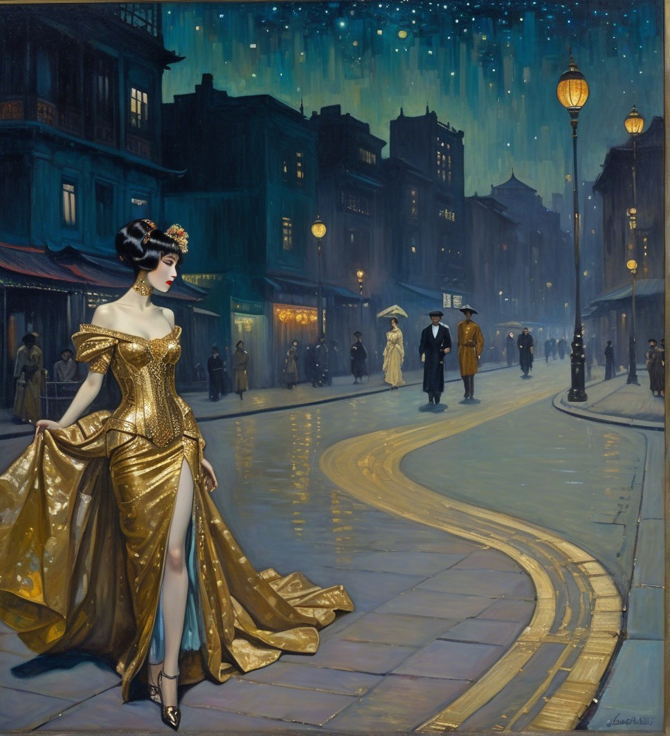 Elegant Woman in Gold Gown in Moonlit Cityscape