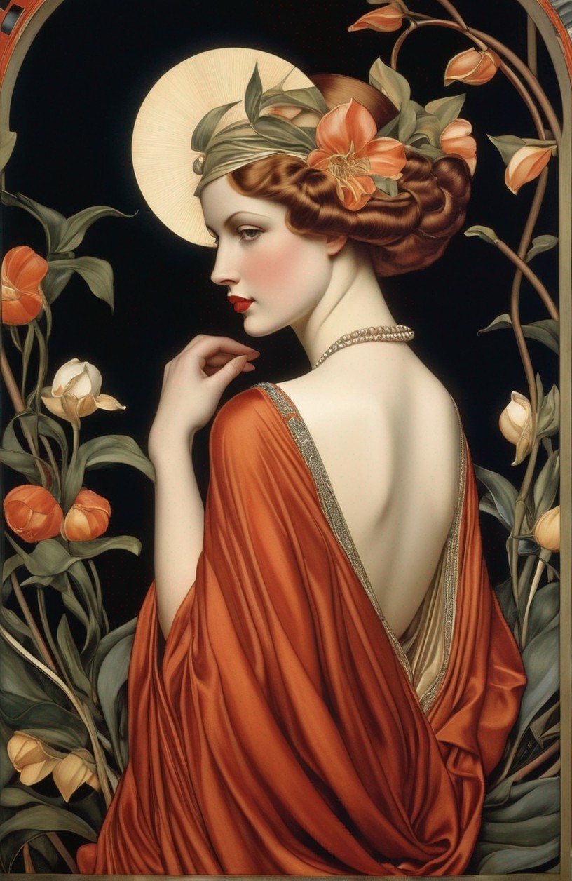 Art Nouveau style illustration of woman with halo and flowing orange dress amid flowers