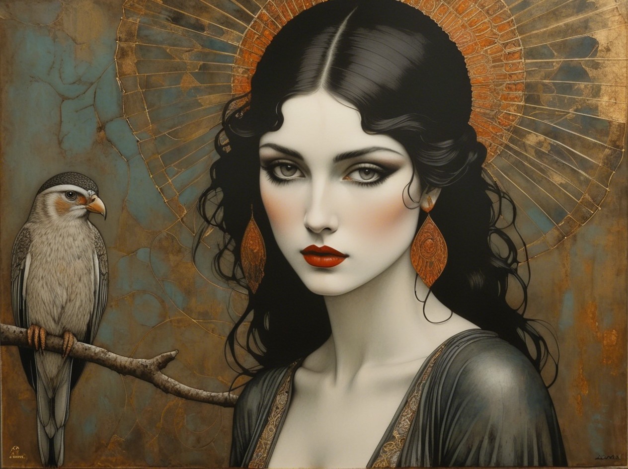 Neo-vintage digital painting of a woman and falcon