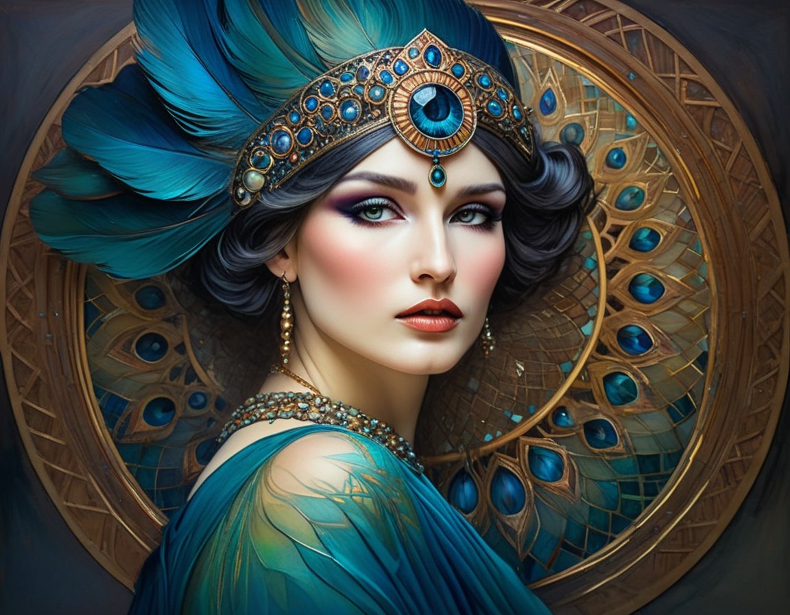 Illustration of Woman in Peacock-Themed Attire