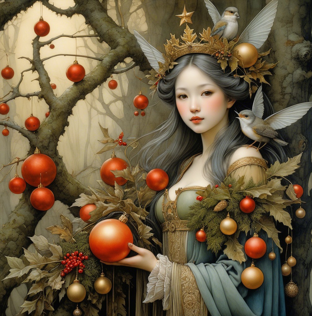 Serene Woman in Mystical Forest with Ornate Decor