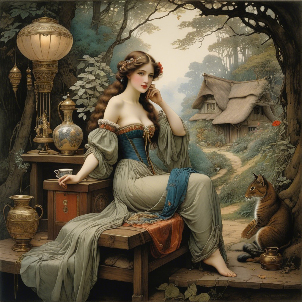 Young Woman in Gown Seated in Lush Forest Setting
