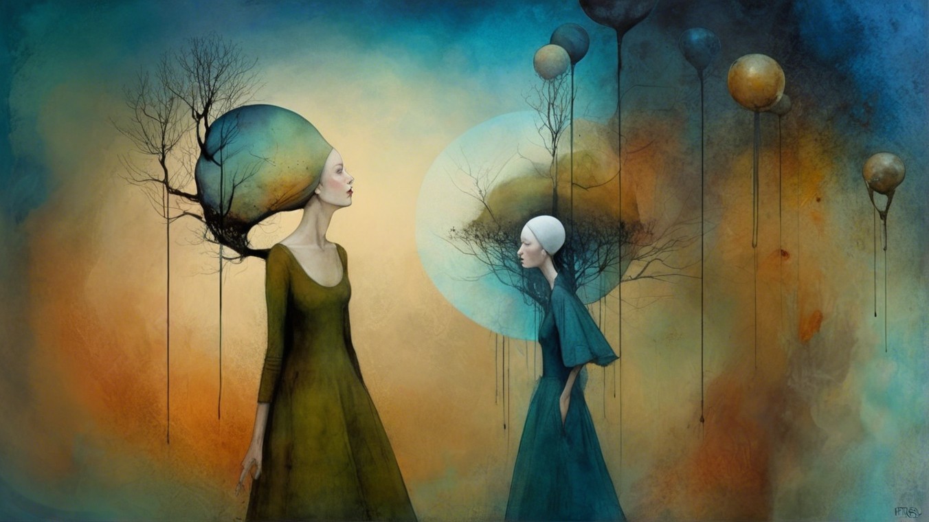 Ethereal Figures with Surreal Hairstyles in Vivid Scene