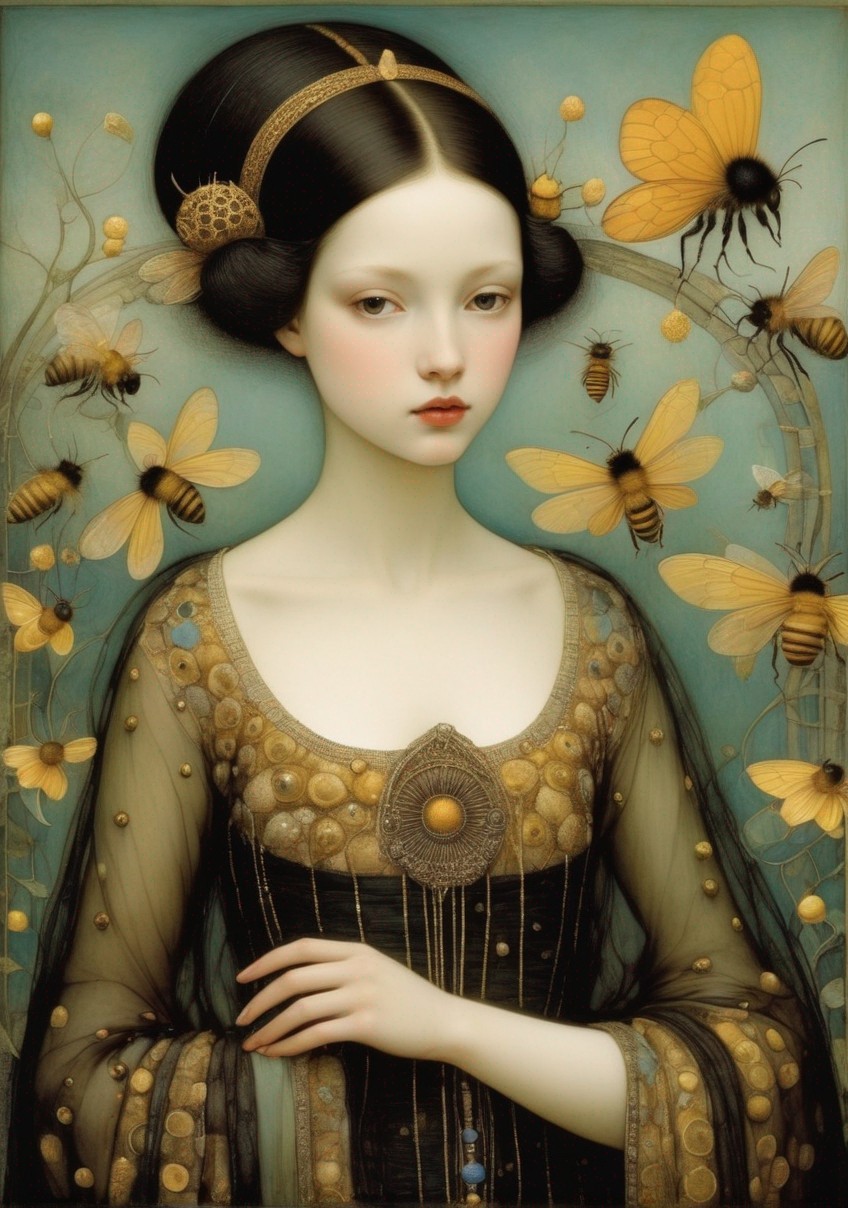Pale Woman with Black Hair in Vintage Dress Surrounded by Bees