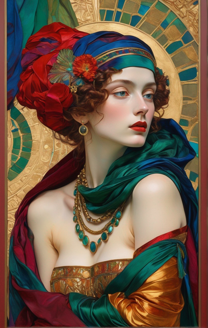 Woman in red headscarf with flower, gold dress, layered necklace on golden backdrop