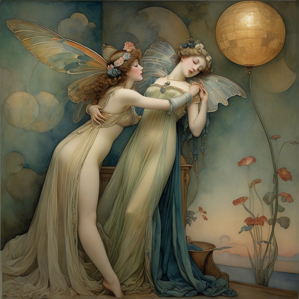Ethereal Fairy Figures in Pastel Gowns Embracing