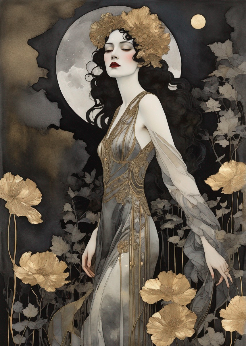Ethereal Woman with Dark Hair in Golden Leaves Scene