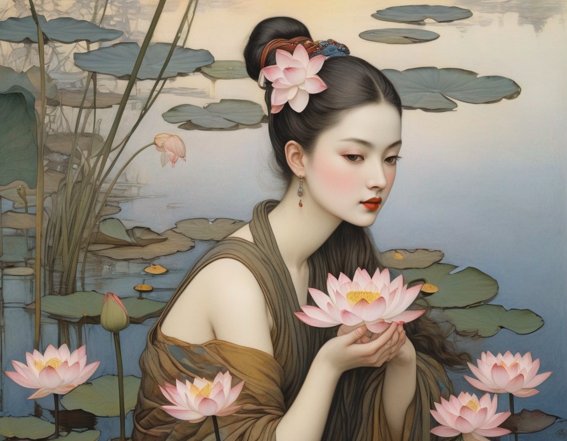 Elegant woman with flowers in hair and lotus, serene pond view