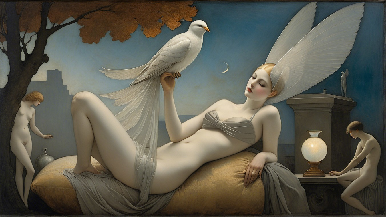 Serene Figure with Dove in Tranquil Autumn Scene