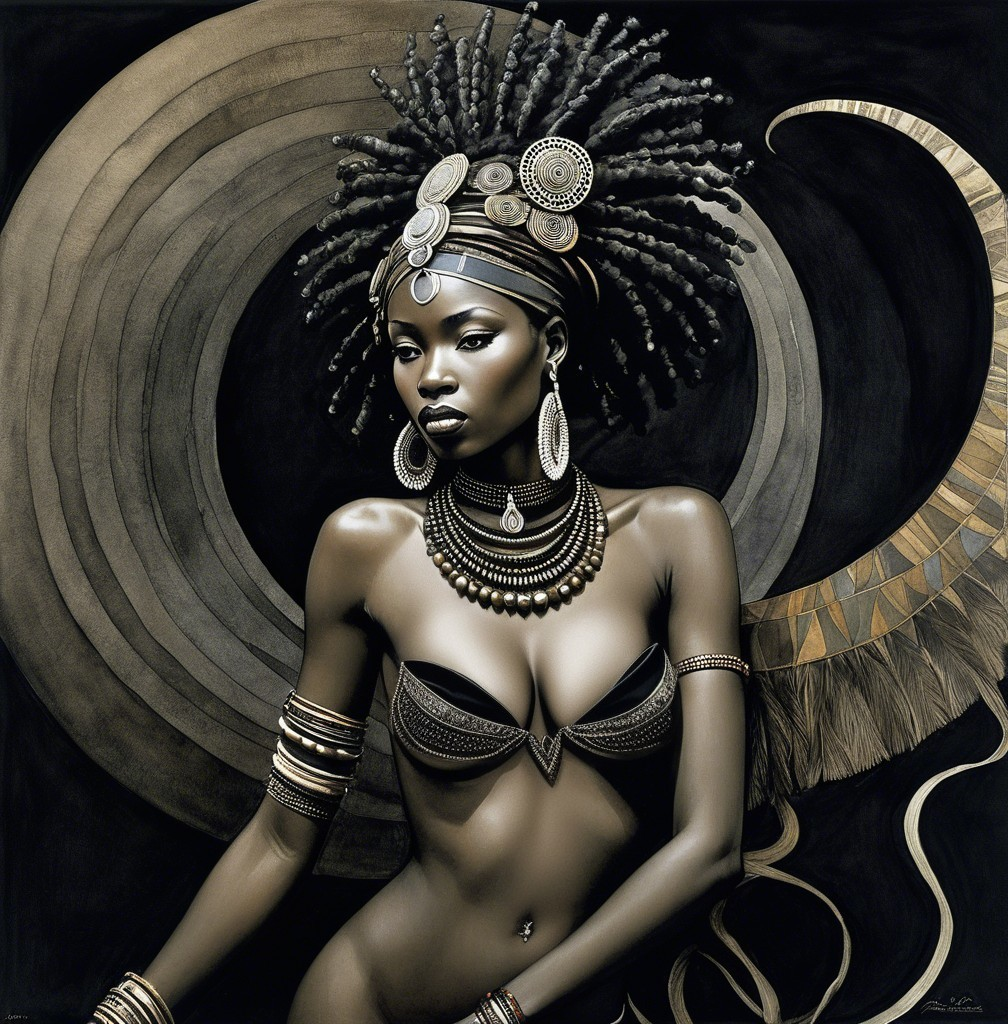 Regal Figure with African Motifs and Intricate Jewelry