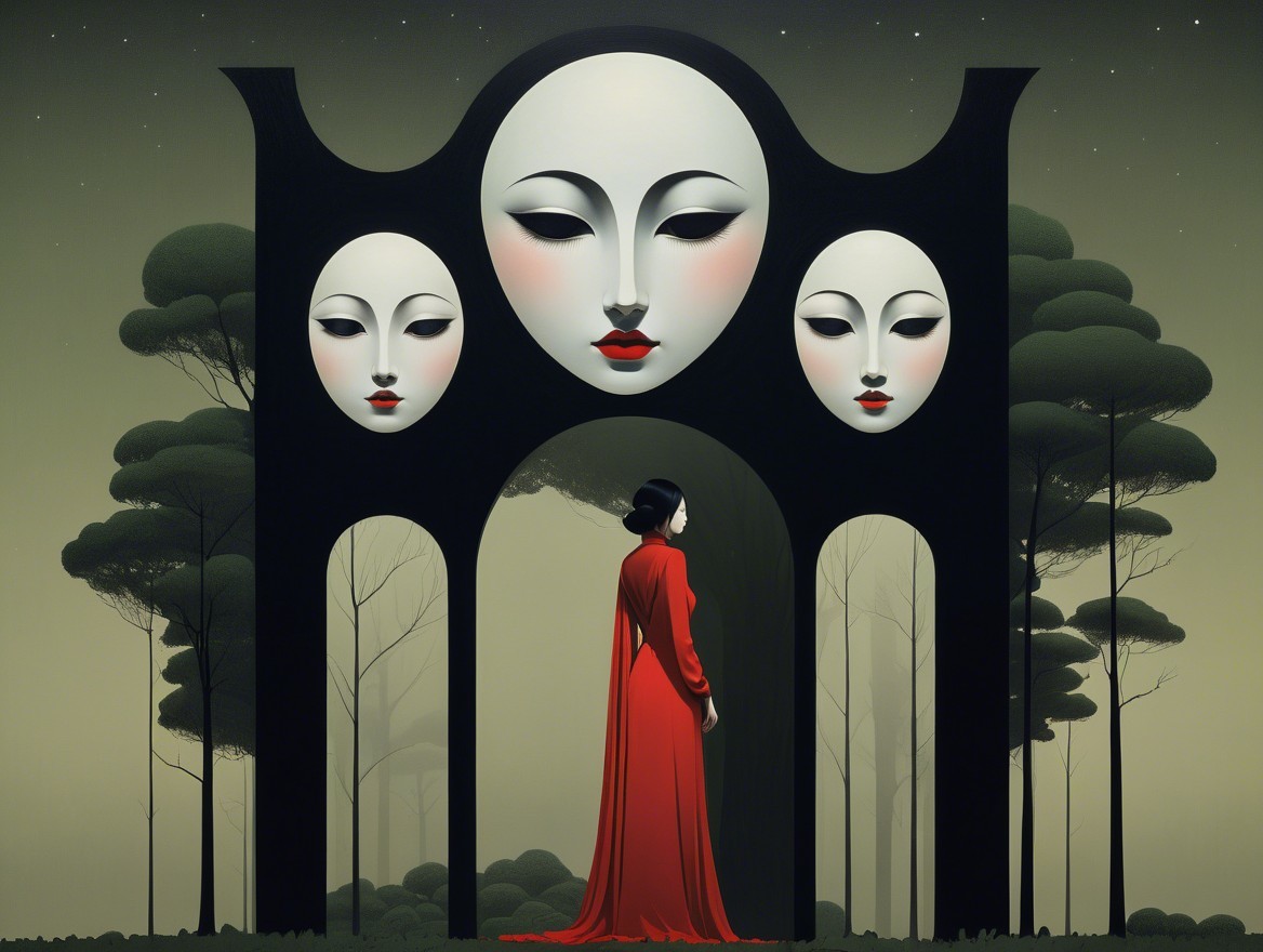 Serene Figure in Red Dress with Enigmatic Masks