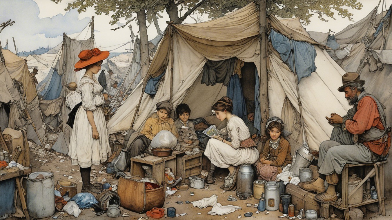 Makeshift camp scene with children and supplies