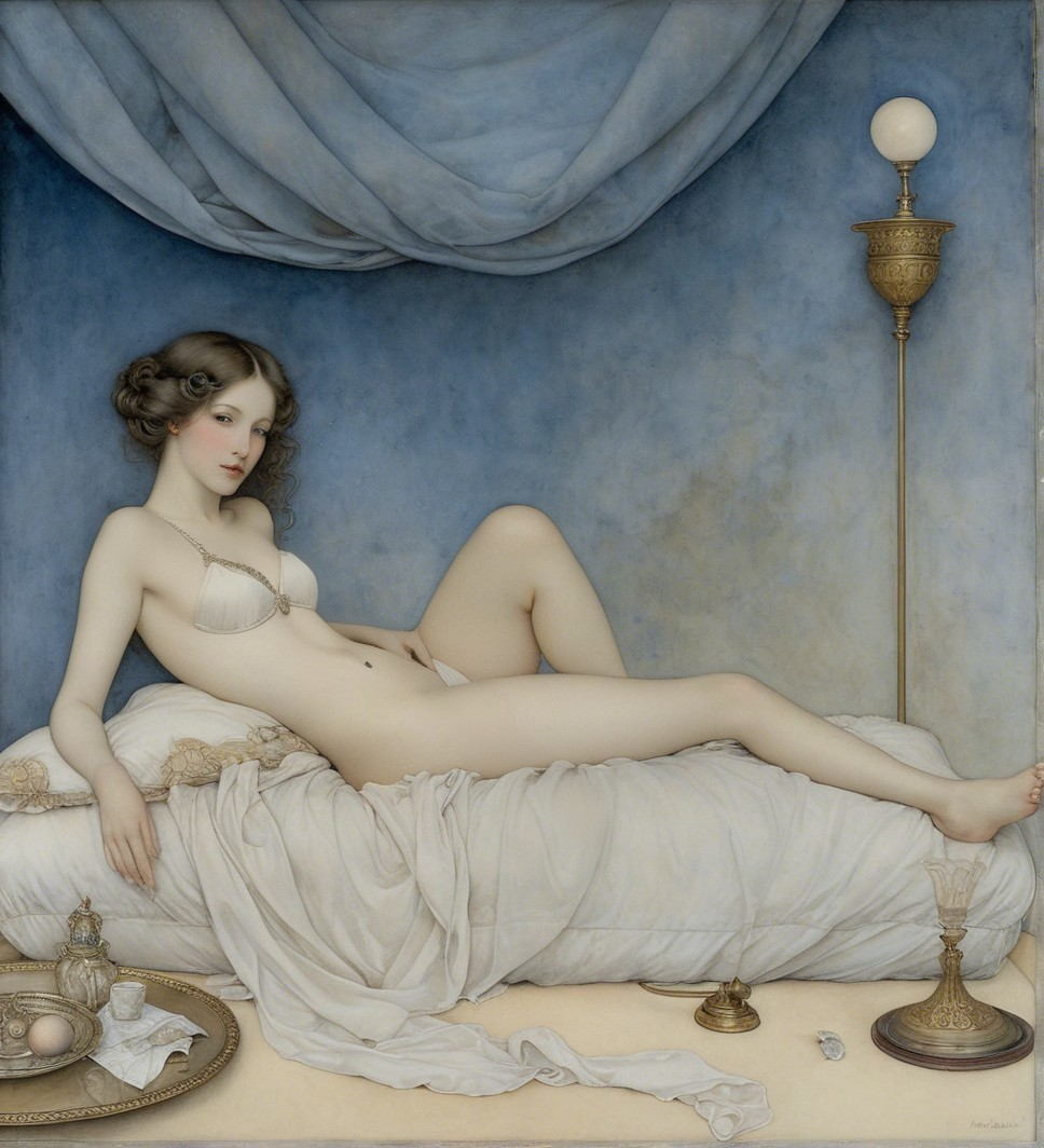 Serene Woman Reclining on Soft Bed with Accessories