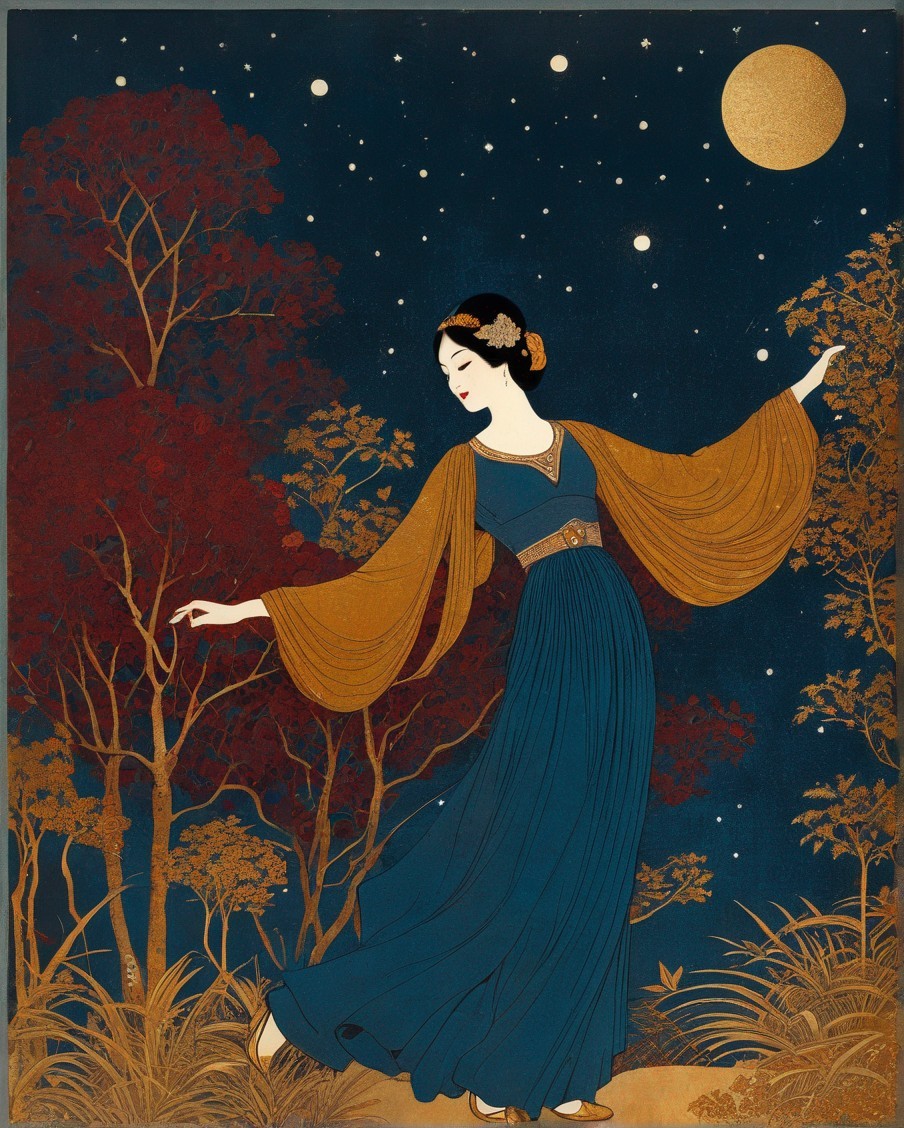Elegant Woman Dancing Under Starry Night Sky