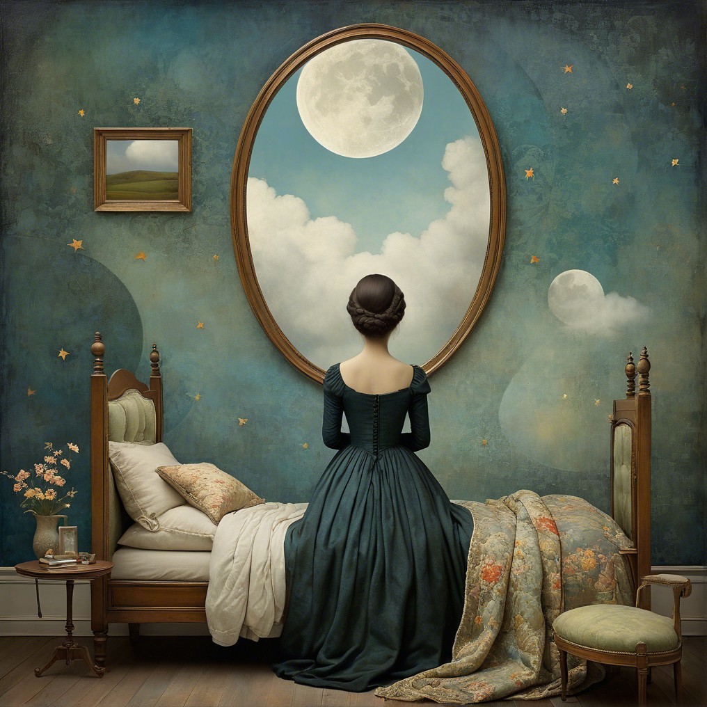 Vintage Dress Woman Reflecting in Ornate Mirror Scene