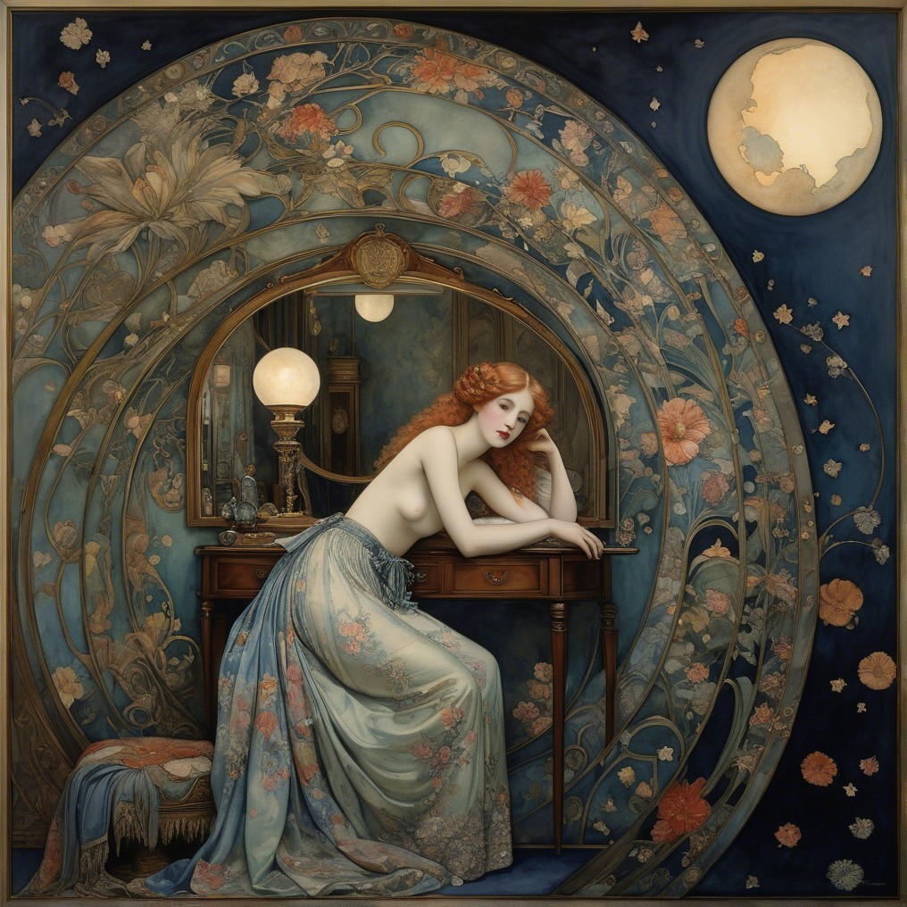 Woman at Vanity in Dreamlike Art Nouveau Setting