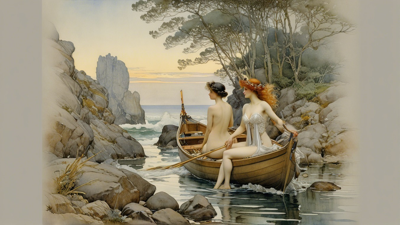 Serene Scene of Two Women in a Wooden Boat at Sunset