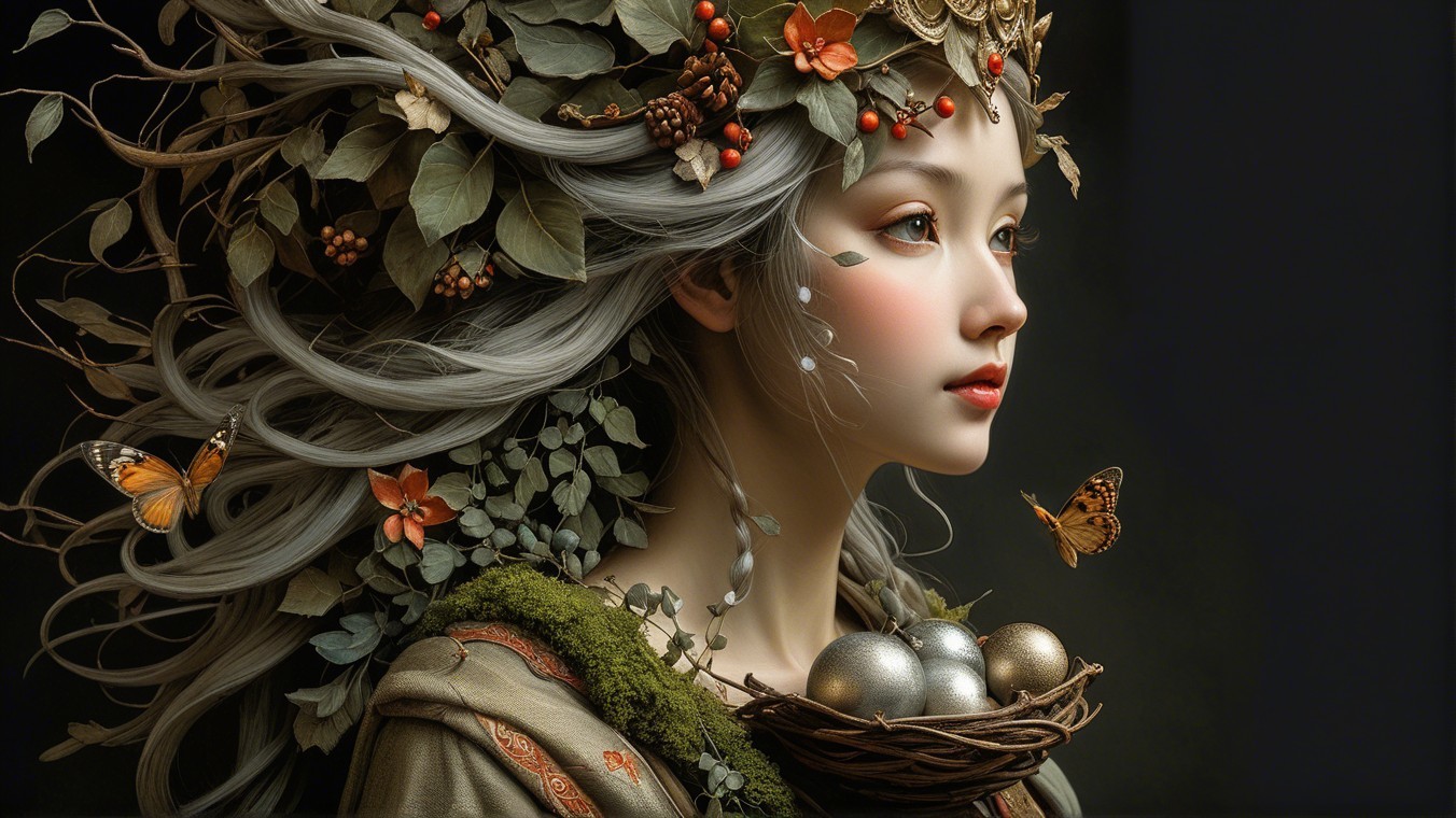 Portrait of a Young Woman with Nature Elements