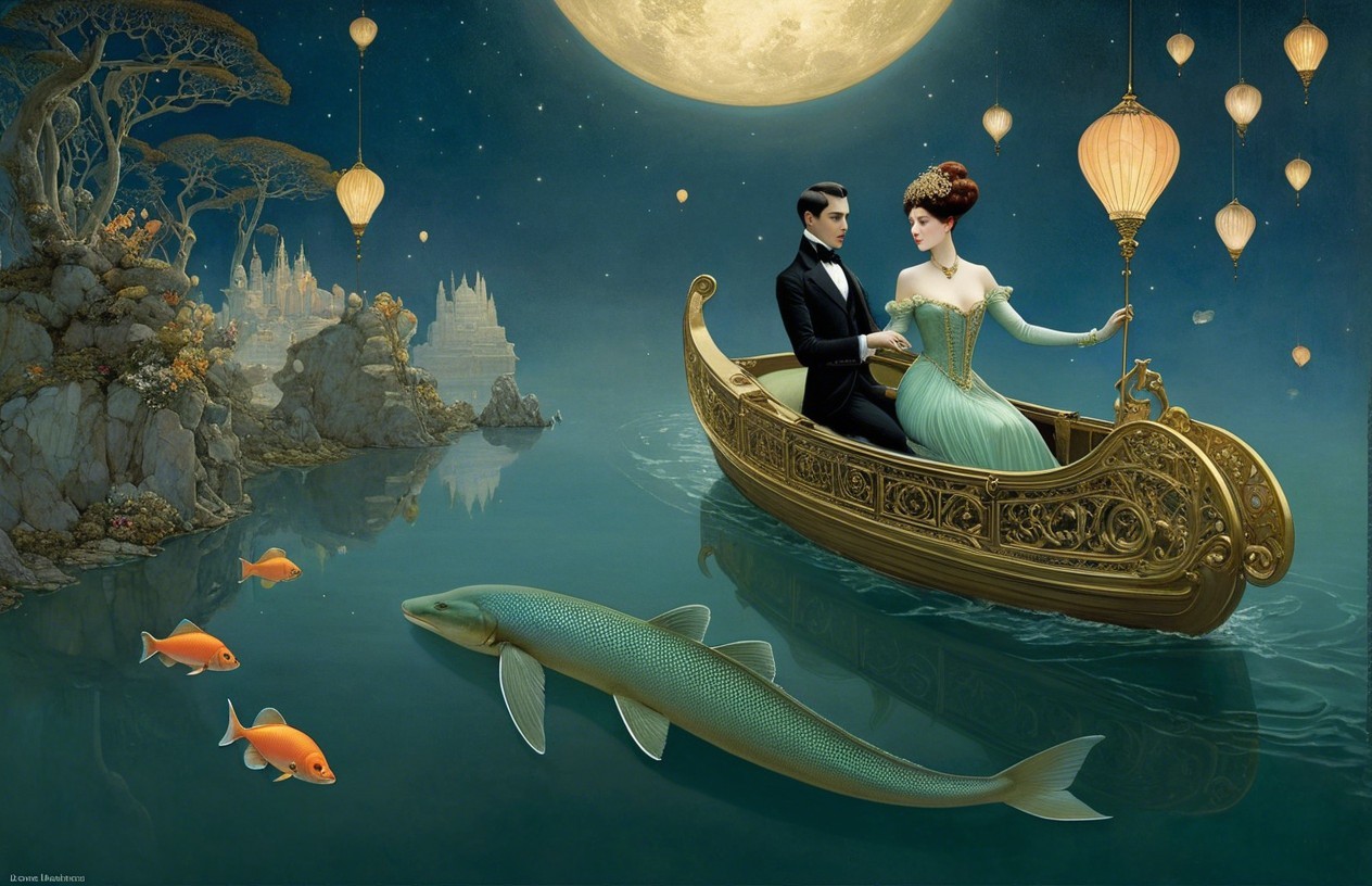 Elegant Couple in Golden Boat on Moonlit Waters