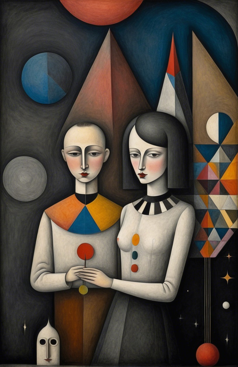 Stylized Figures in Abstract Background with Geometric Shapes