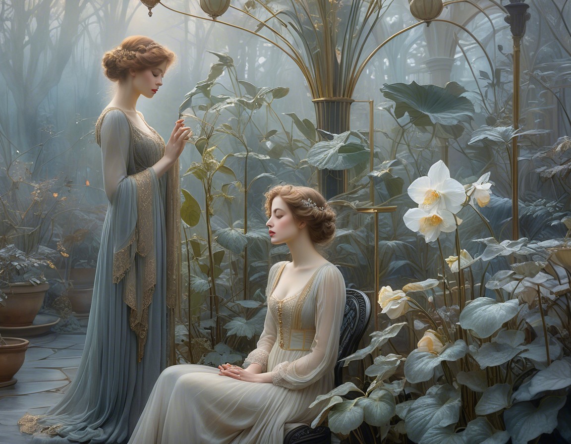 Elegant Women in a Serene Ethereal Garden Setting