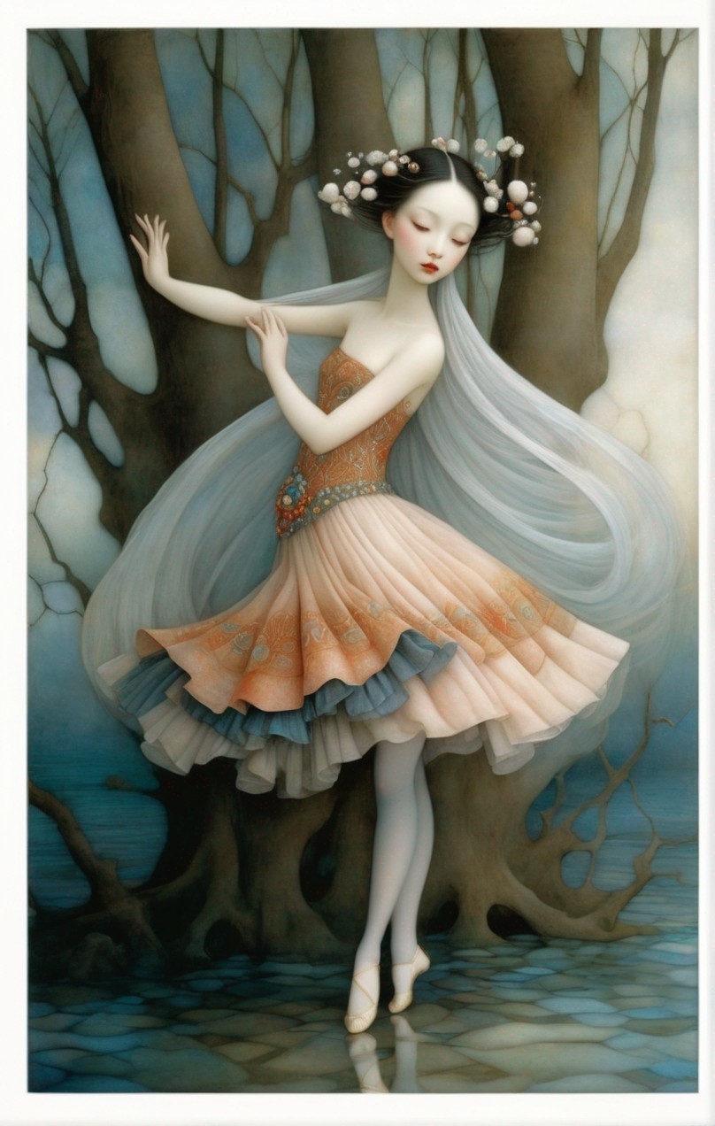 Ethereal ballerina illustration in peach tutu among twilight trees