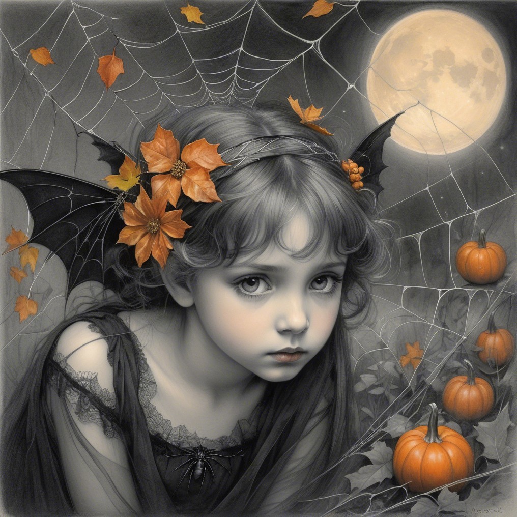 Young girl in autumn setting with bat wings and pumpkins