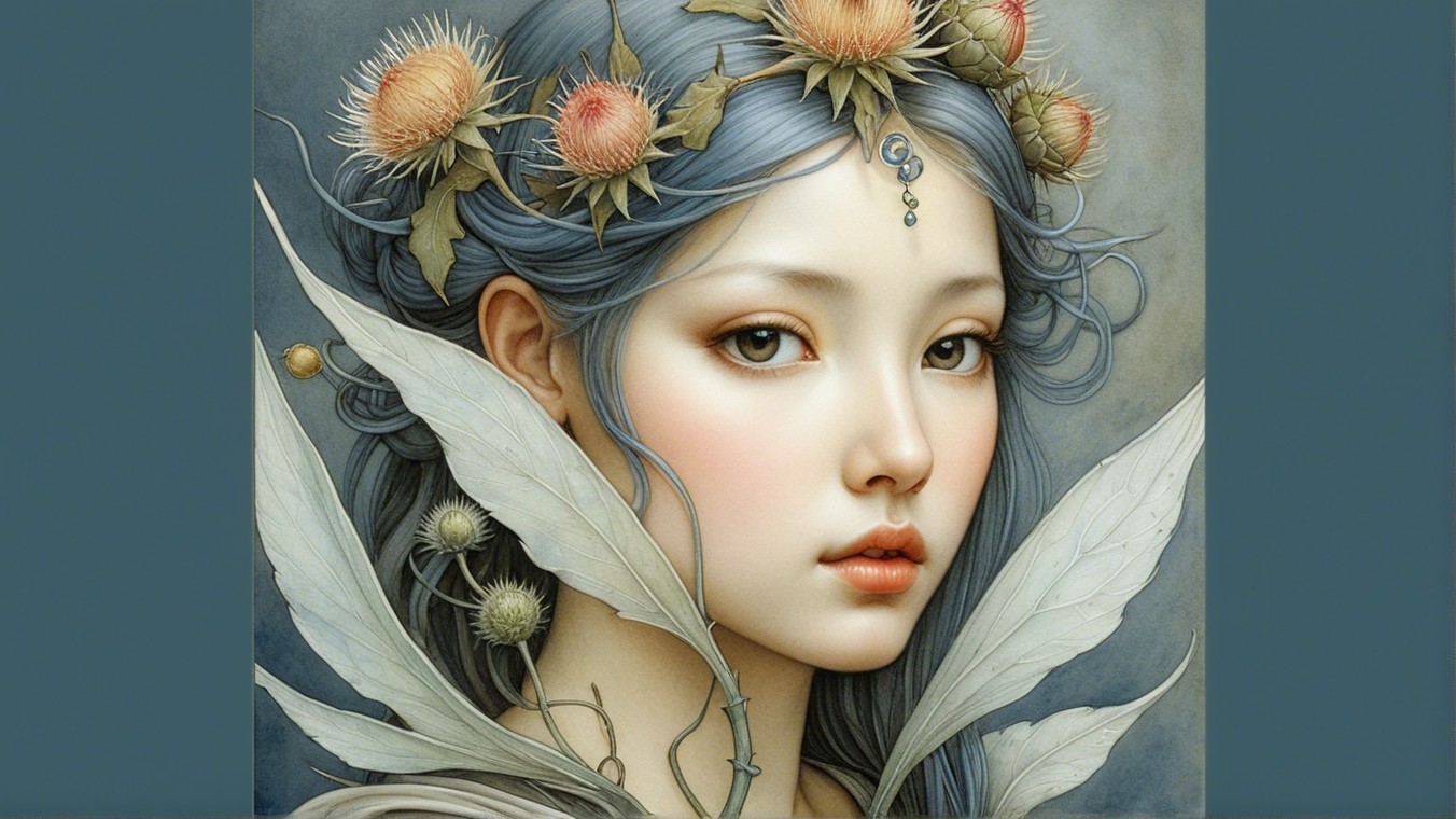 Portrait of a Young Woman with Floral Crown and Leaves