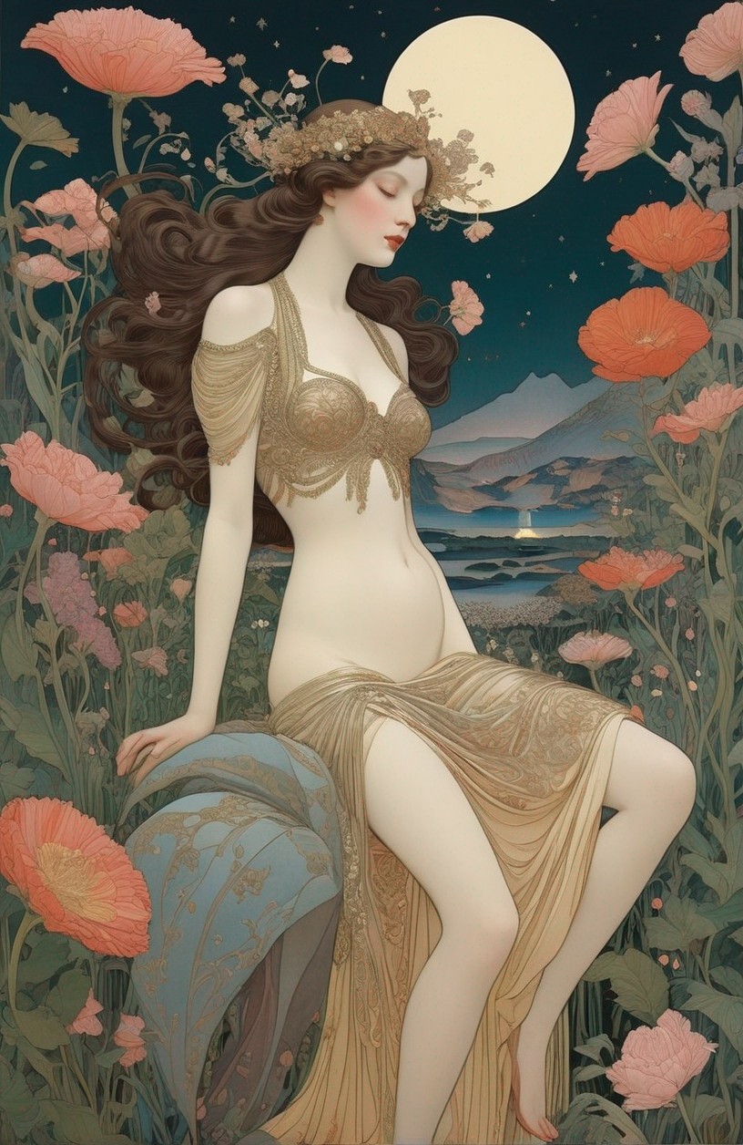 Serene figure in gold attire among blooming flowers