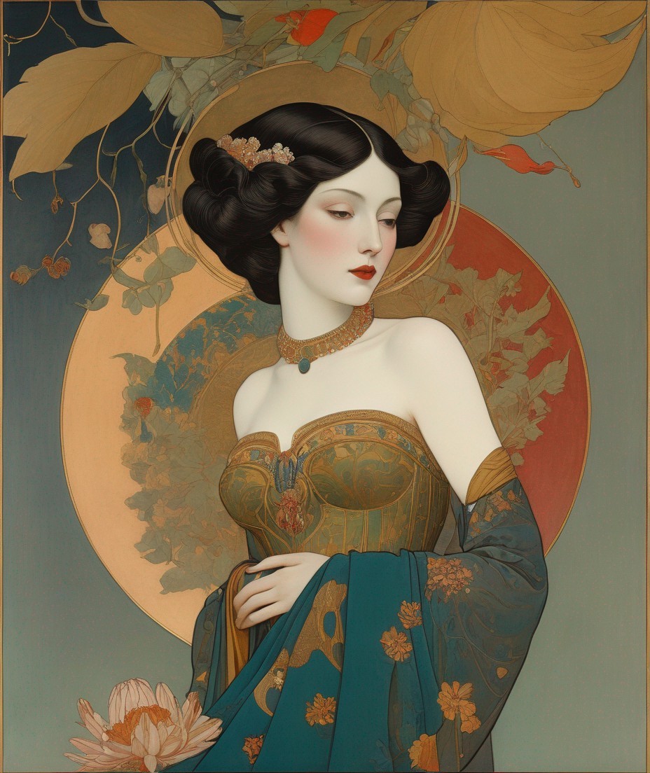 Graceful Woman in Intricate Gown Holding Lotus Flower