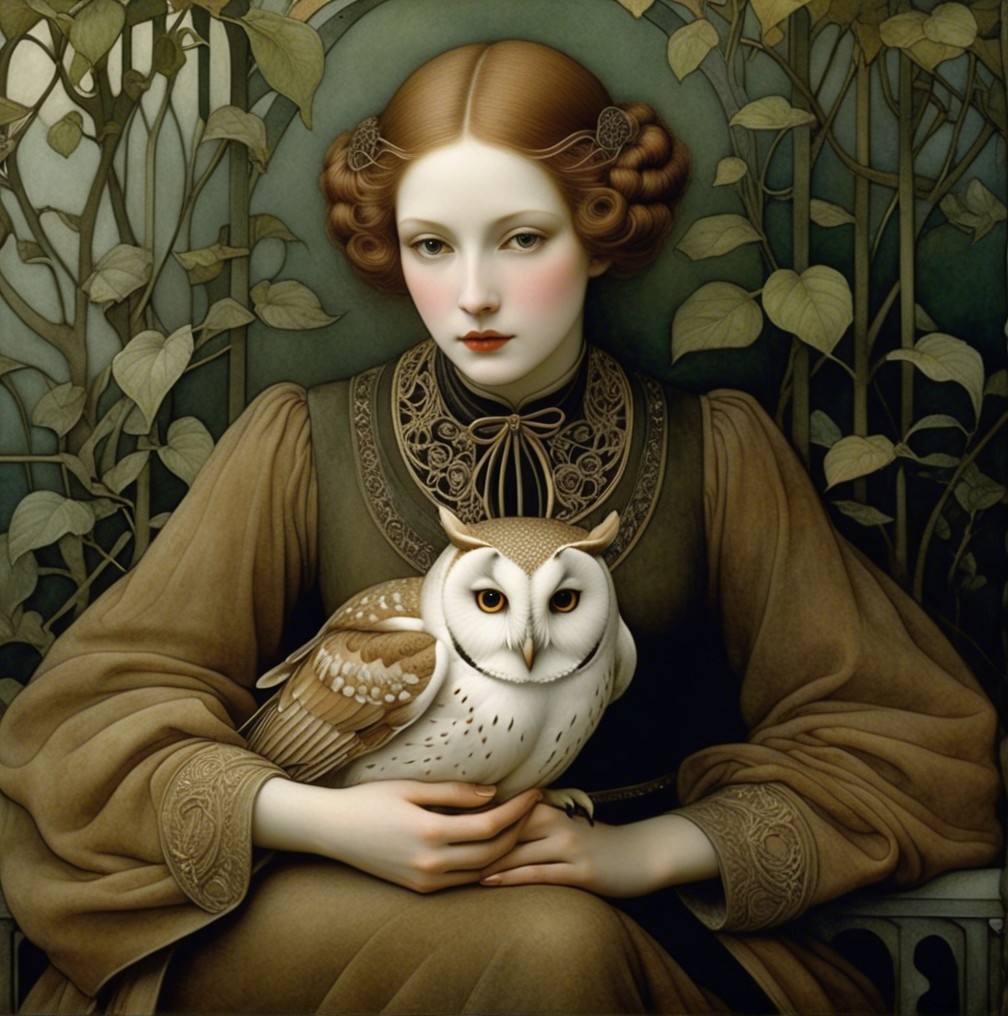 Young woman in earthy dress with white owl in nature