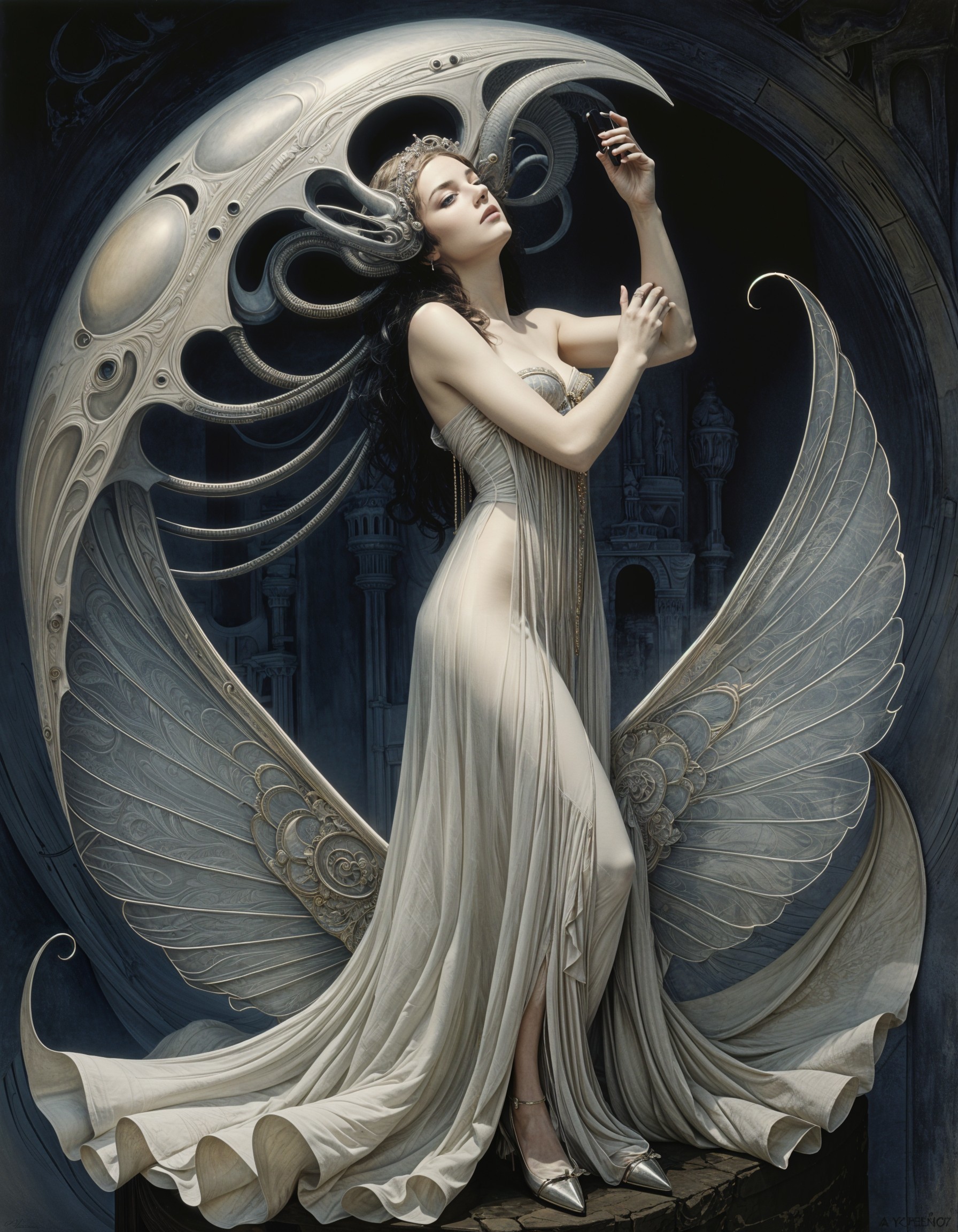 Elegant figure in ethereal gown with mystical backdrop
