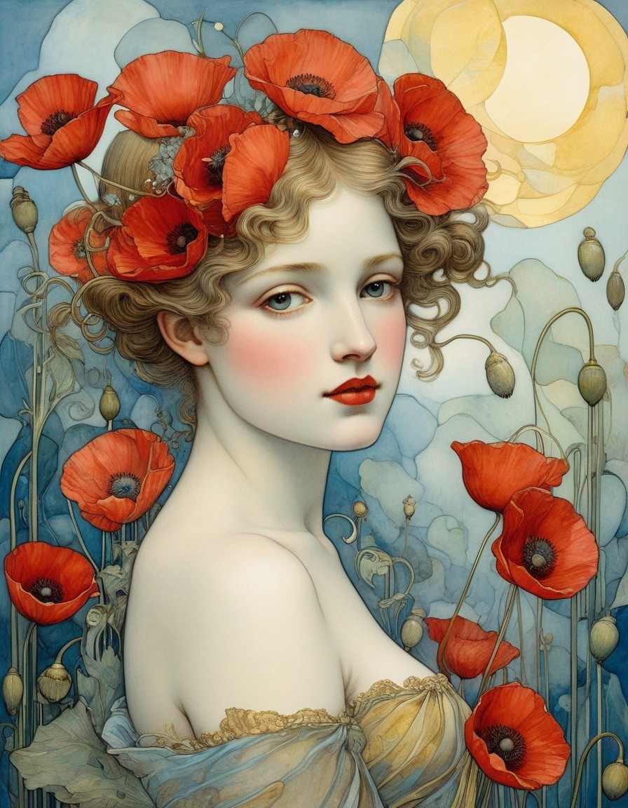 Woman in Art Nouveau Style with Poppies and Wheat