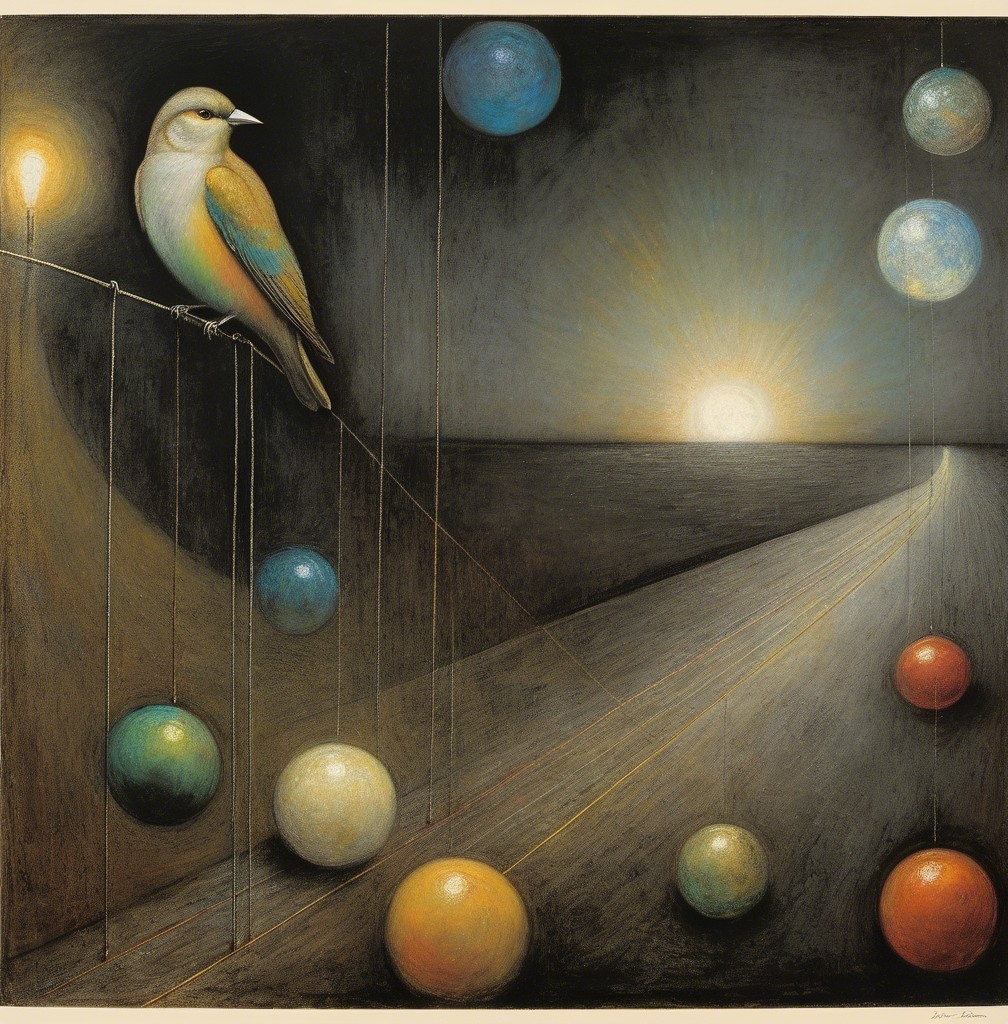 Colorful Bird on Wire in Dreamlike Cosmic Scene