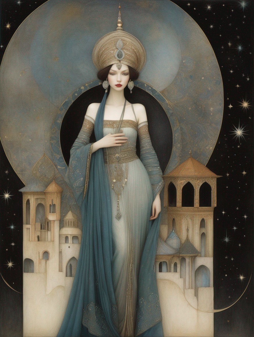 Medieval-themed artwork featuring a woman in celestial setting