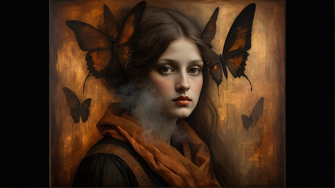 Young Woman Surrounded by Butterflies and Mist