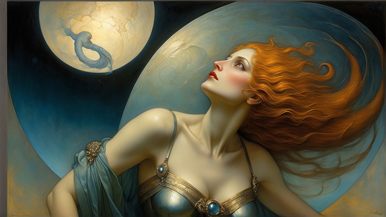 Ethereal Woman with Red Hair and Luminous Moon
