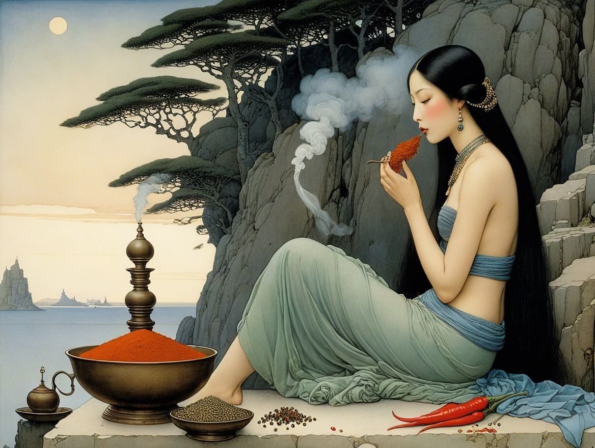Serene Woman Surrounded by Nature and Incense Smoke